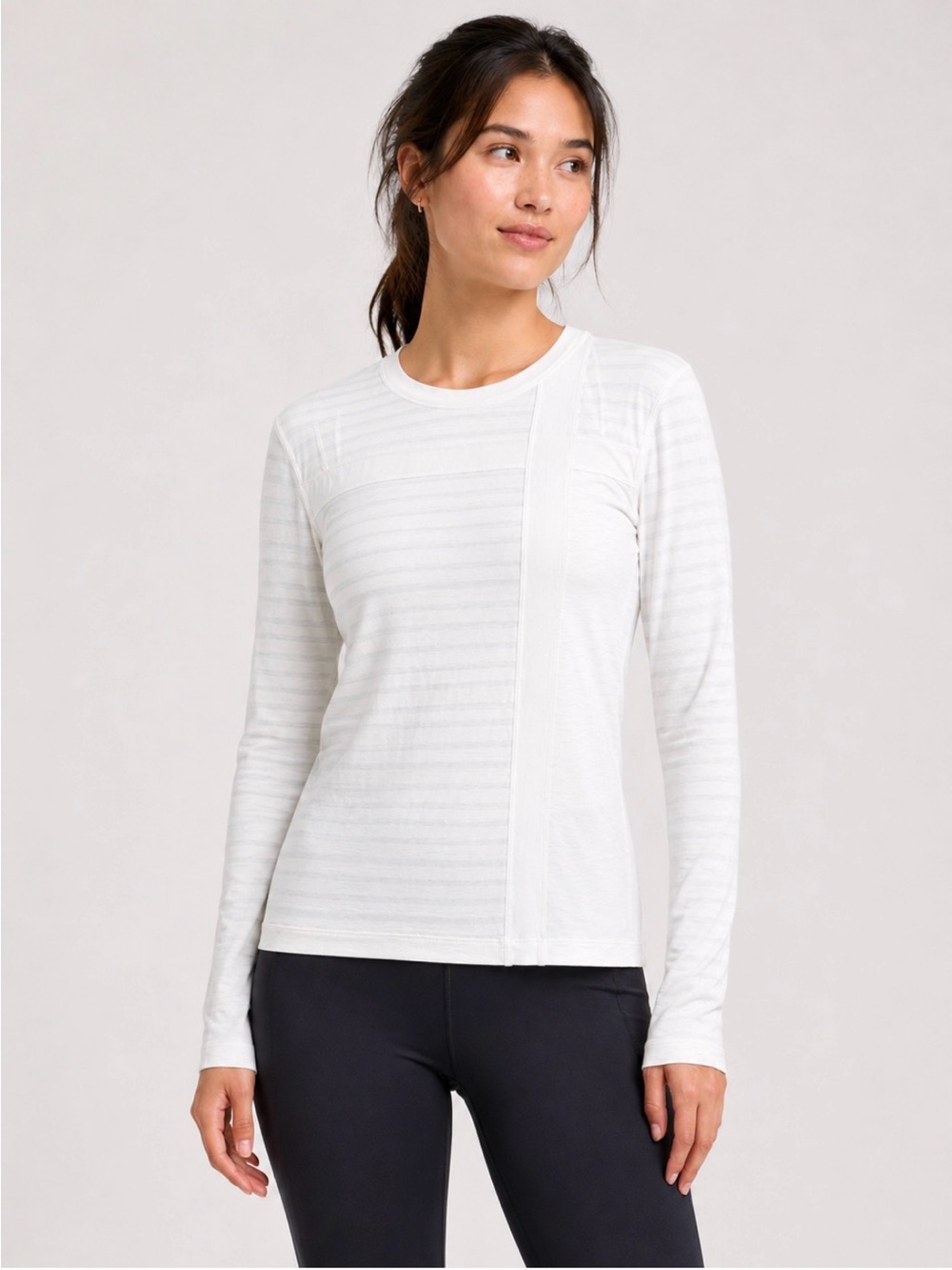 lululemon athletica Cream and Light Gray Long Sleeve Stripe Tee